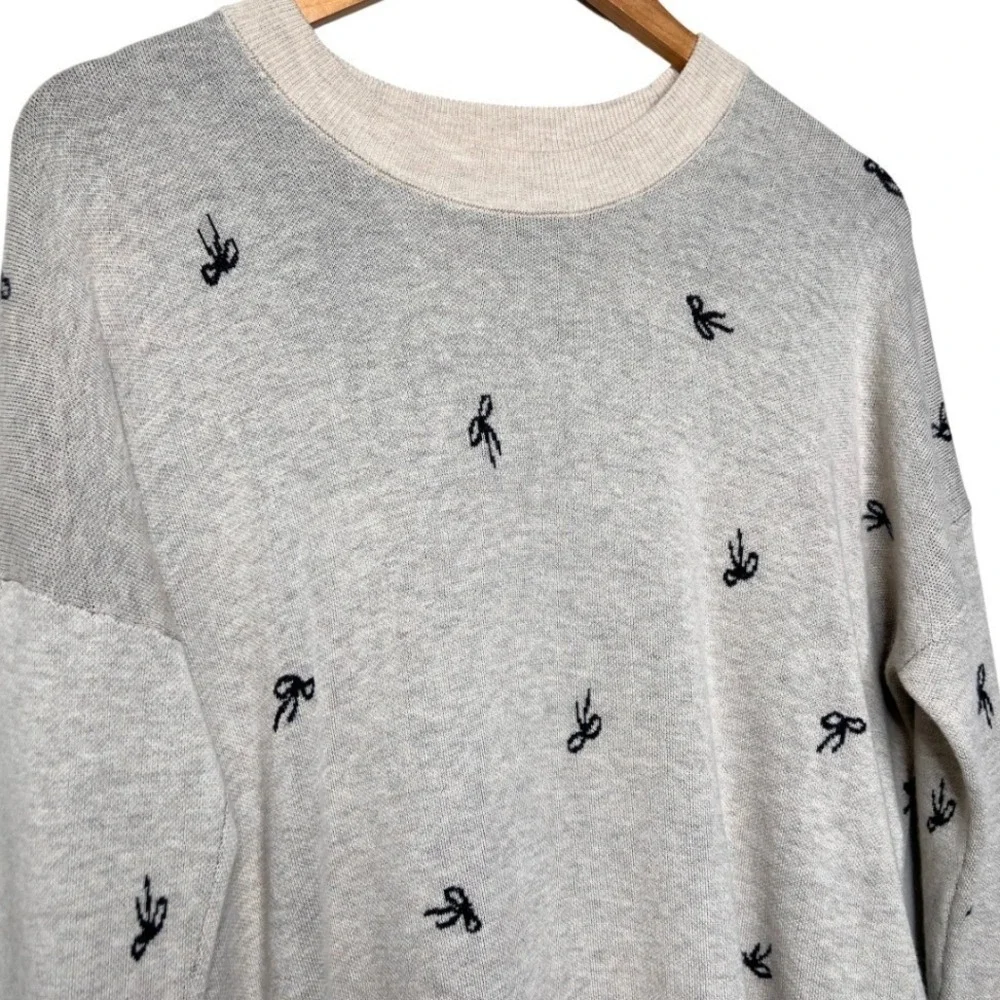 Madewell Bow‎ Jacquard Gray Knit Pullover Sweater Crewneck Long Sleeve Women's S
